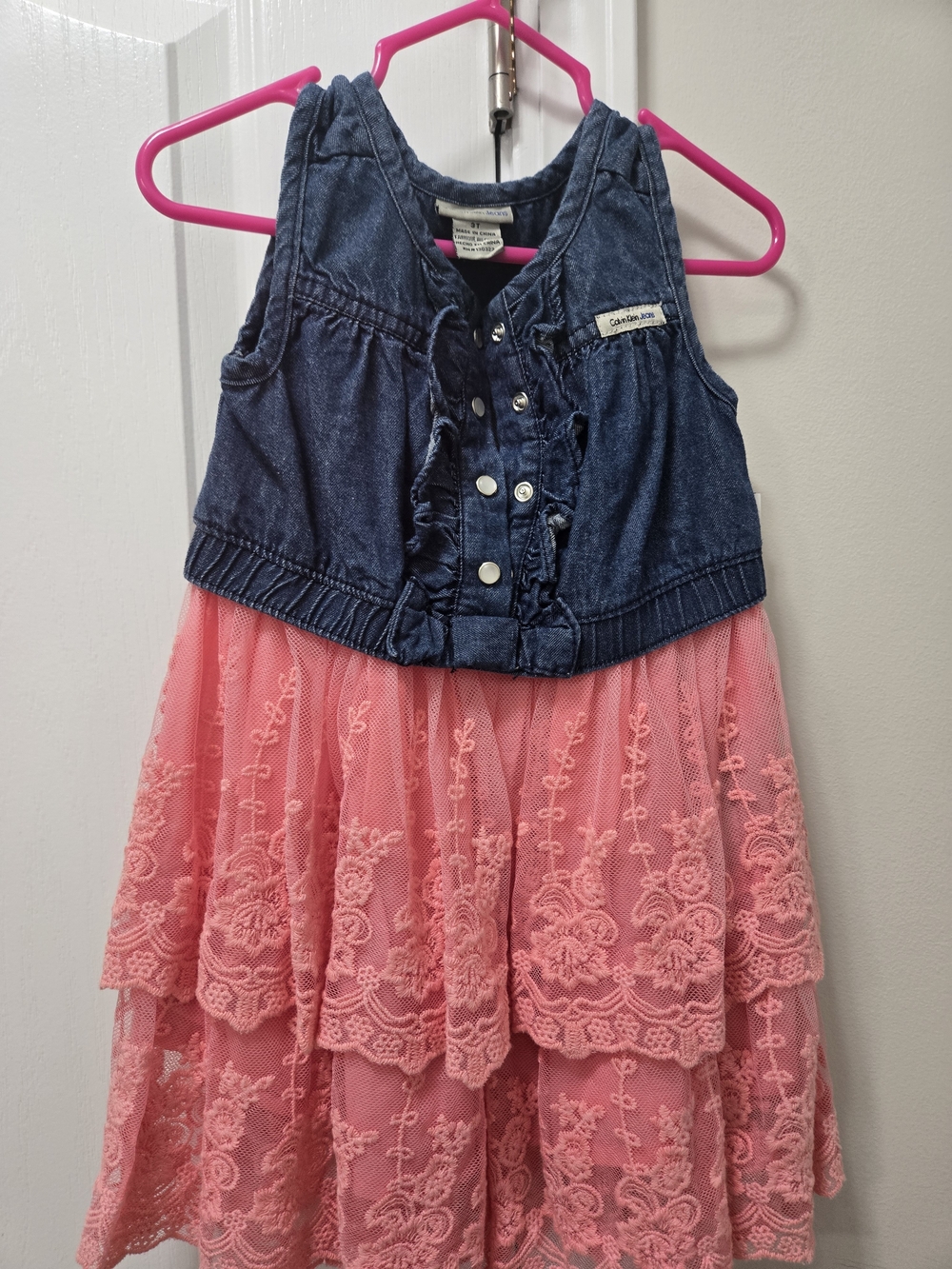 Calvin Klein Jeans Girls Denim Top Pink Lace Tiered Dress